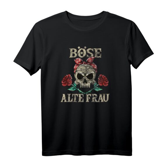 Böse Alte Frau - Totenkopf Vintage Biker T-Shirt für Frauen mit Haarband, Knochen & Blitzen - Perfekt für Biker, Motorradfahrerinnen & Tattoos
