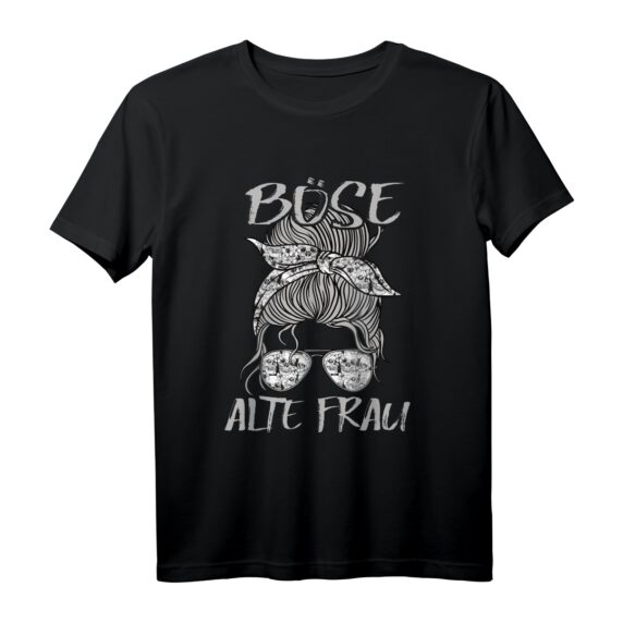 Böse Alte Frau T-Shirt mit Messy Bun und Totenkopf Muster  Cooles Tattoo-Design Geschenk für Damen