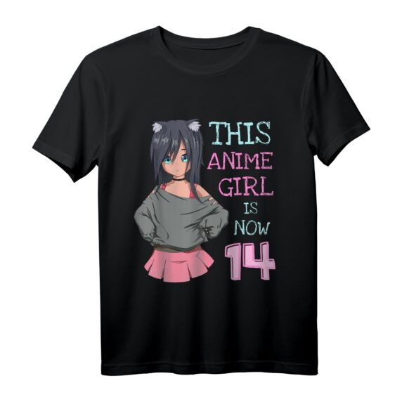 Geburtstags T-Shirt für 14-Jährige Mädchen - Kawaii Anime Girl Design mit Katzenohren für Kinder und Erwachsene