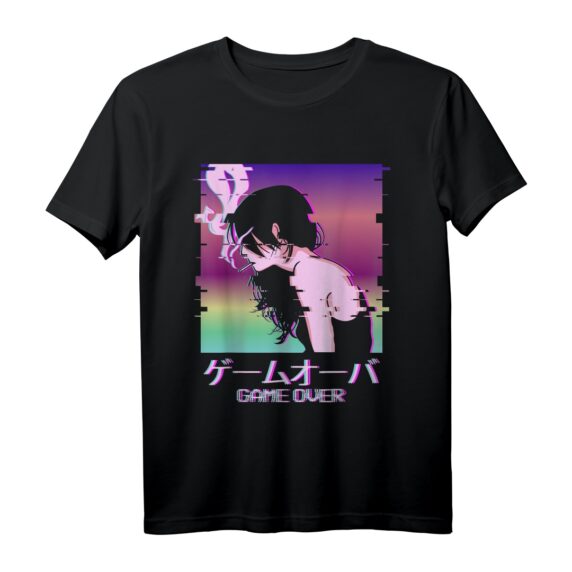 Japanese Vaporwave Anime Girl T-Shirt - Game Over Indie Alt Aesthetic für Otaku, E-Girls & Streetwear Fans, Perfekt für Retro & Edgy Japan Style